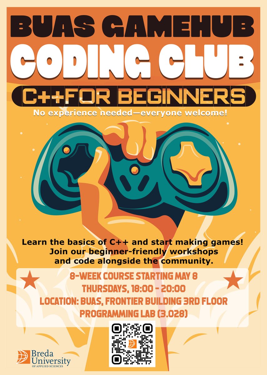Join our Coding Club! Dive into C++ programming and start creating your own games.

✅ Hands-on coding sessions (8 weeks)
✅ Learn from practice
✅ Build your programming skills in a fun, supportive community

More info:
eventbrite.fr/e/buas-gamehub…

#Breda #programming #gamedevs