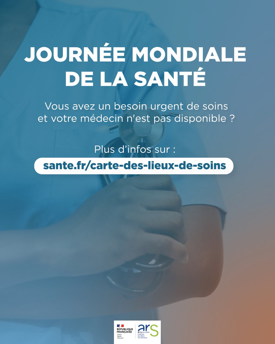 #JournéeMondialeDeLaSanté | 🌎 L'accès à la santé est un droit fondamental !

Vous avez un besoin urgent de soins et votre médecin n'est pas disponible ?

🏥 Des structures de soins non programmés vous accueillent sans rendez-vous pour une prise en charge adaptée à votre besoin.