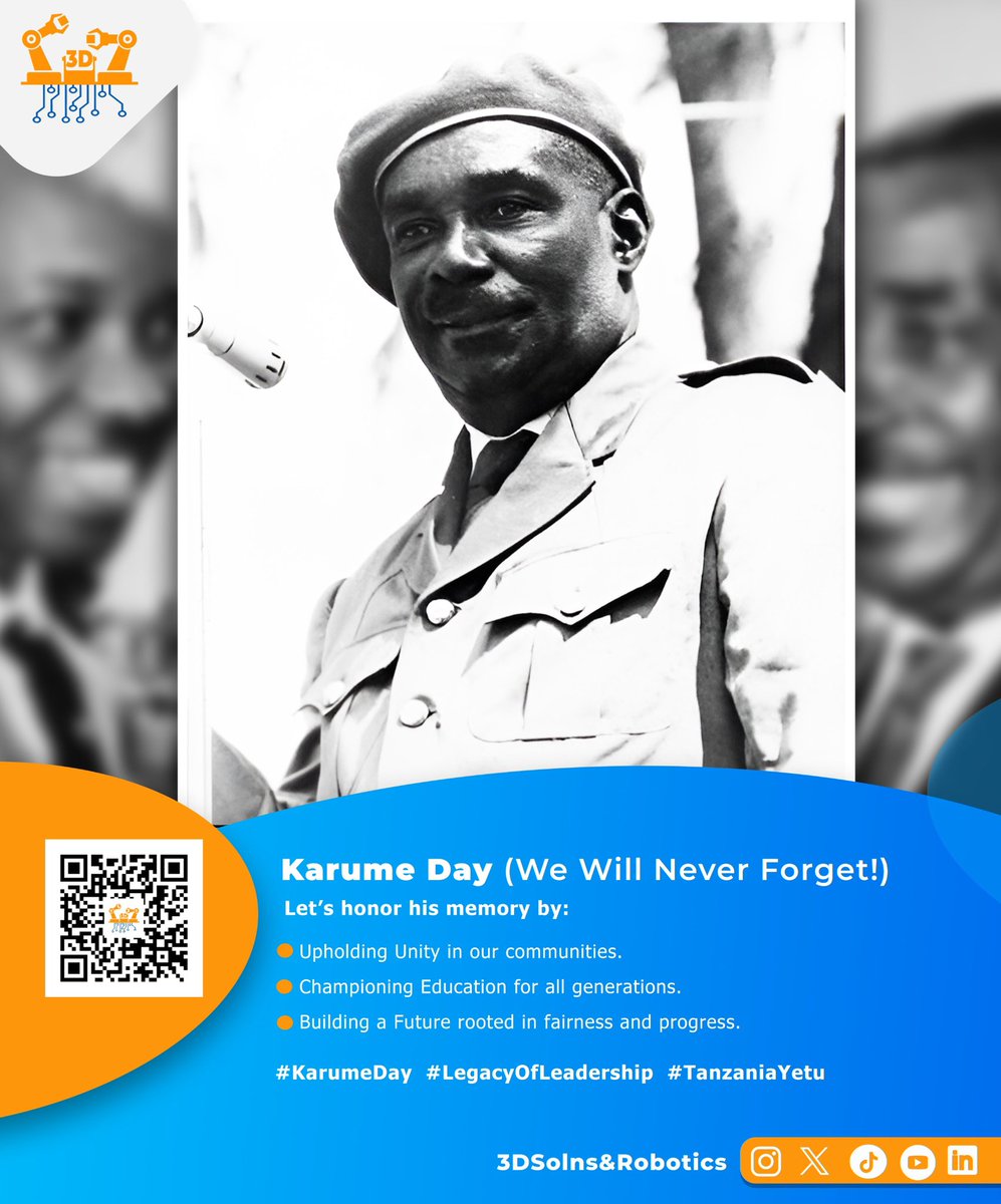 3D_roboticsLab's tweet photo. Today we remember a true visionary Karume’s legacy lives on through unity, education, and a future built on justice. Let’s keep the torch burning.
#KarumeDay #LegacyOfLeadership #TanzaniaYet https://t.co/bOxhPmNA4f