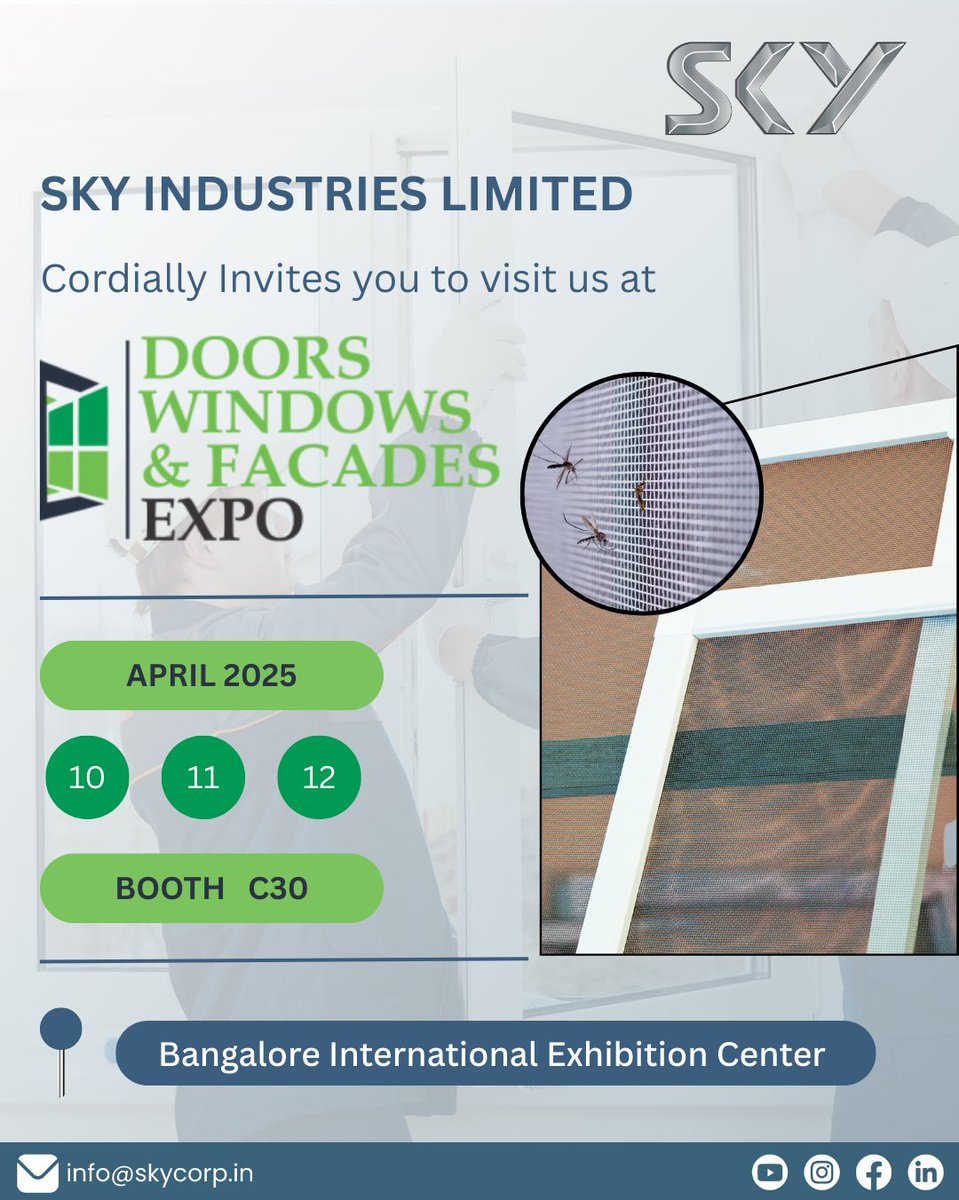 skyindltd's tweet photo. Sky Industries Limited will be exhibiting at the Doors Windows And Facades Expo (DWFE) 2025!

📅 Dates: 10th, 11th &amp; 12th April 2025

📍 Location: Bangalore International Exhibition
Center, Bengaluru

🔢 Booth: C30

#SkyIndustriesLimited #HookandLoop #DWFE2025 #Bangalore https://t.co/FaoIHidBke