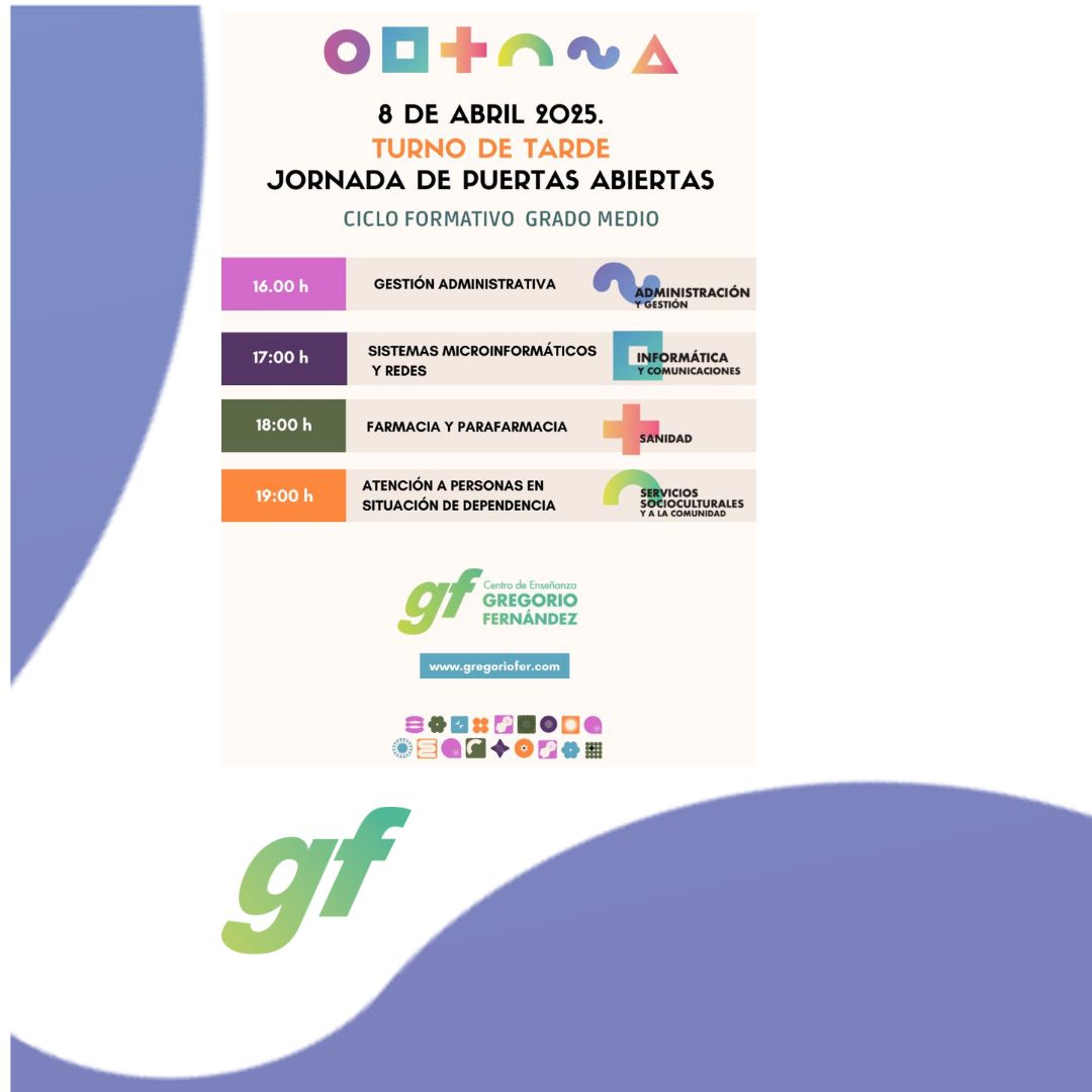 📣 ¡Mañana abrimos nuestras puertas en el Gregorio Fernández!

🌆 Turno de tarde – Grado Medio
📍 Gestión, Informática, Sanidad y Servicios Socioculturales
🕓 ¡Te esperamos a partir de las 16:00 h!

#FPValladolid #FormaciónProfesional #PuertasAbiertasGF #SomosGF