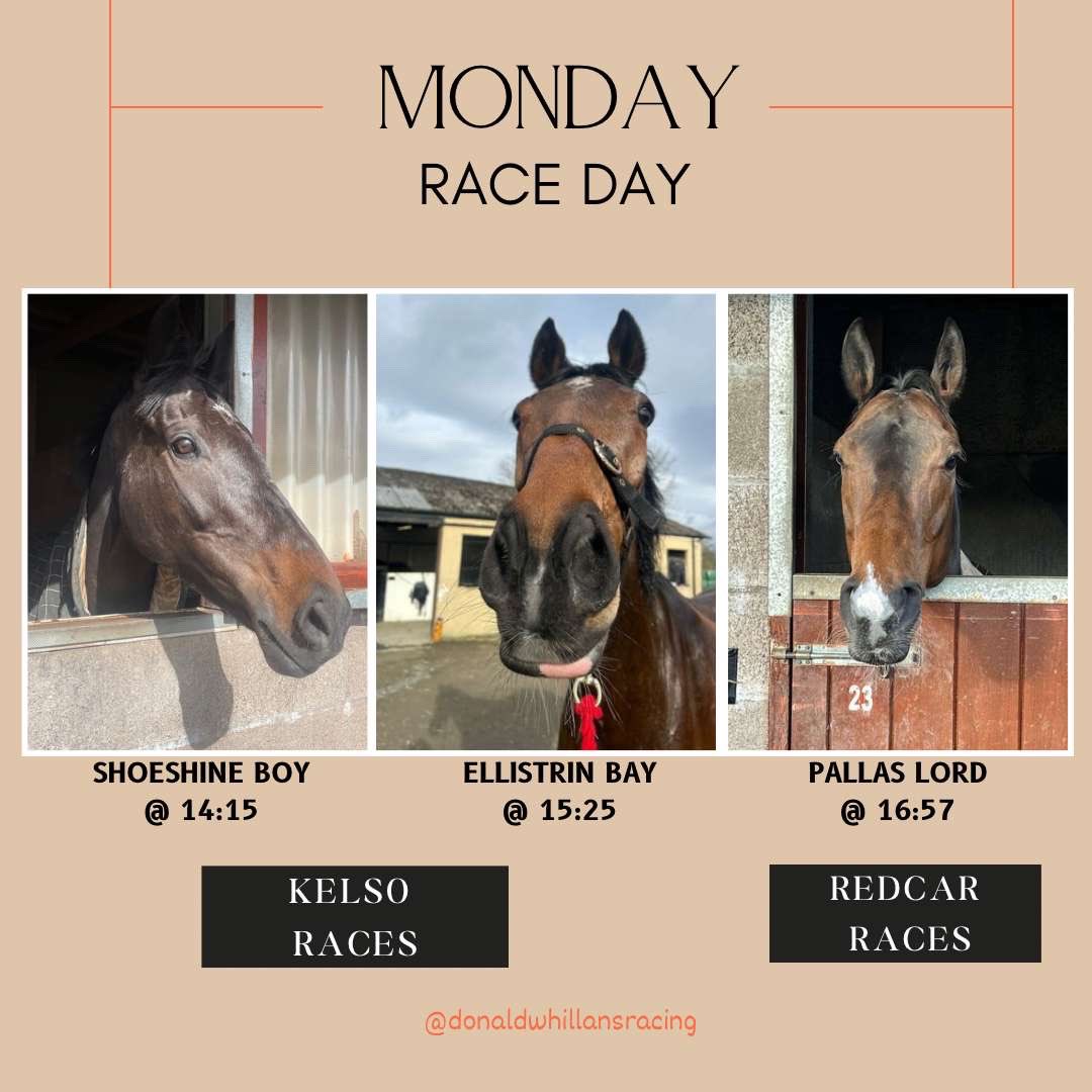 🏁Race Day🏁

<a href="/KelsoRacecourse/">Kelso Racecourse</a> 

⏰ 14:15
🐎 SHOESHINE BOY
⚡️Murray Dodd 
🔑 for Mousetrap Racing

⏰ 16:45
🐎 ELLISTRIN BAY
⚡️Henry Brooke
🔑 for The Ellistrin Partnership

<a href="/Redcarracing/">Redcar Racecourse</a> 

⏰ 14:57
🐎 PALLAS LORD
⚡️Jason Hart 
🔑 for The Yard 

donaldwhillansracing.com/News/Apr7thNew…