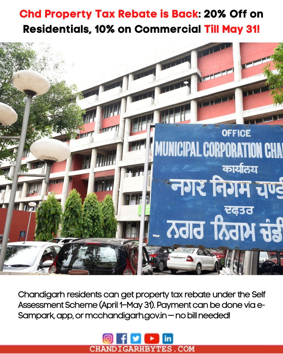 Chandigarh Property Tax Update: ₹50 Cr collected so far; pay by May 31 under Self Assessment Scheme to avoid 12% interest &amp; 25% penalty.

#Chandigarhbytes #chandigarhMC #propertytax
