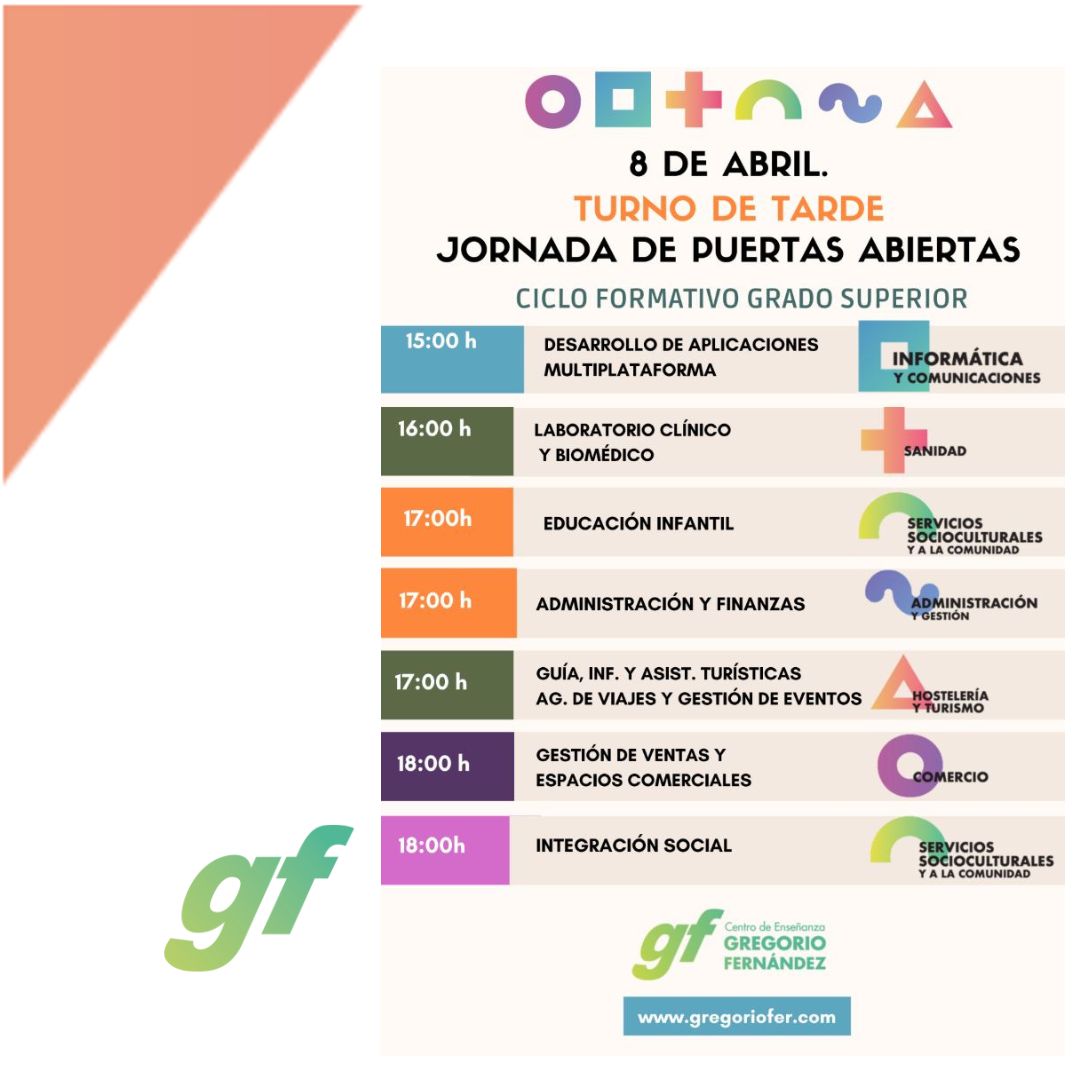 📣 ¡Este 8 de abril tienes doble oportunidad!
🎓 Jornada de Puertas Abiertas – Grado Superior
🕘 Mañana y tarde en el Centro Gregorio Fernández
💼 Ven a conocer nuestros ciclos y tu futuro profesional
#FPValladolid #FormaciónProfesional #GradoSuperior #SomosGF #PuertasAbiertasGF