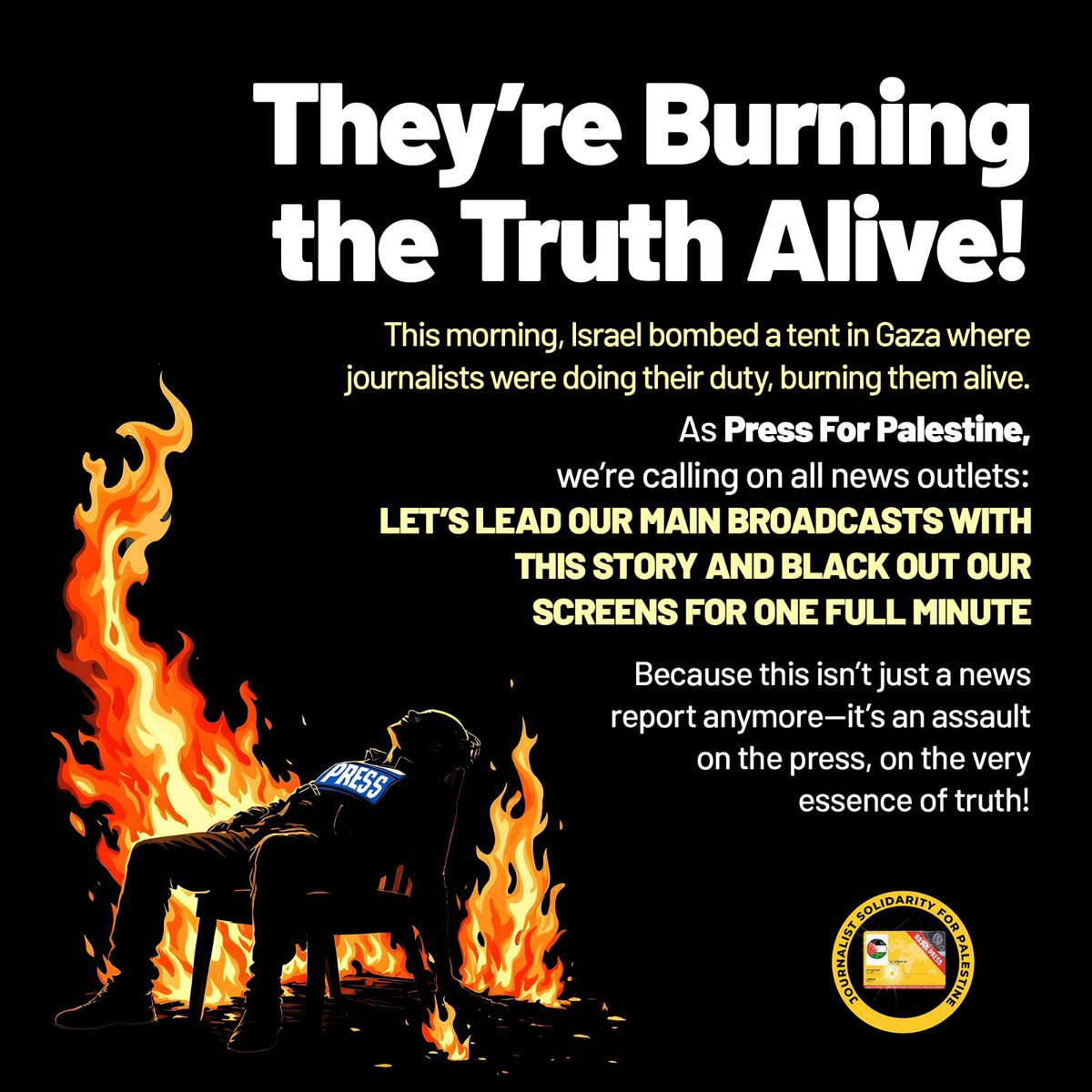 Televizyon kanallarına, basın mensuplarına açık çağrı…Lütfen ya bir dakika ekranlarınızı karartın ya da aşağıdaki yazıları ekrana yansıtın

Çağrı sahibi <a href="/PressPalestine_/">PressForPalestine</a> 

"Hakikatin Üzerine Bomba Yağdırıyorlar!"

İsrail, bu sabah Gazze’de, görevini yapan gazetecilerin kaldığı