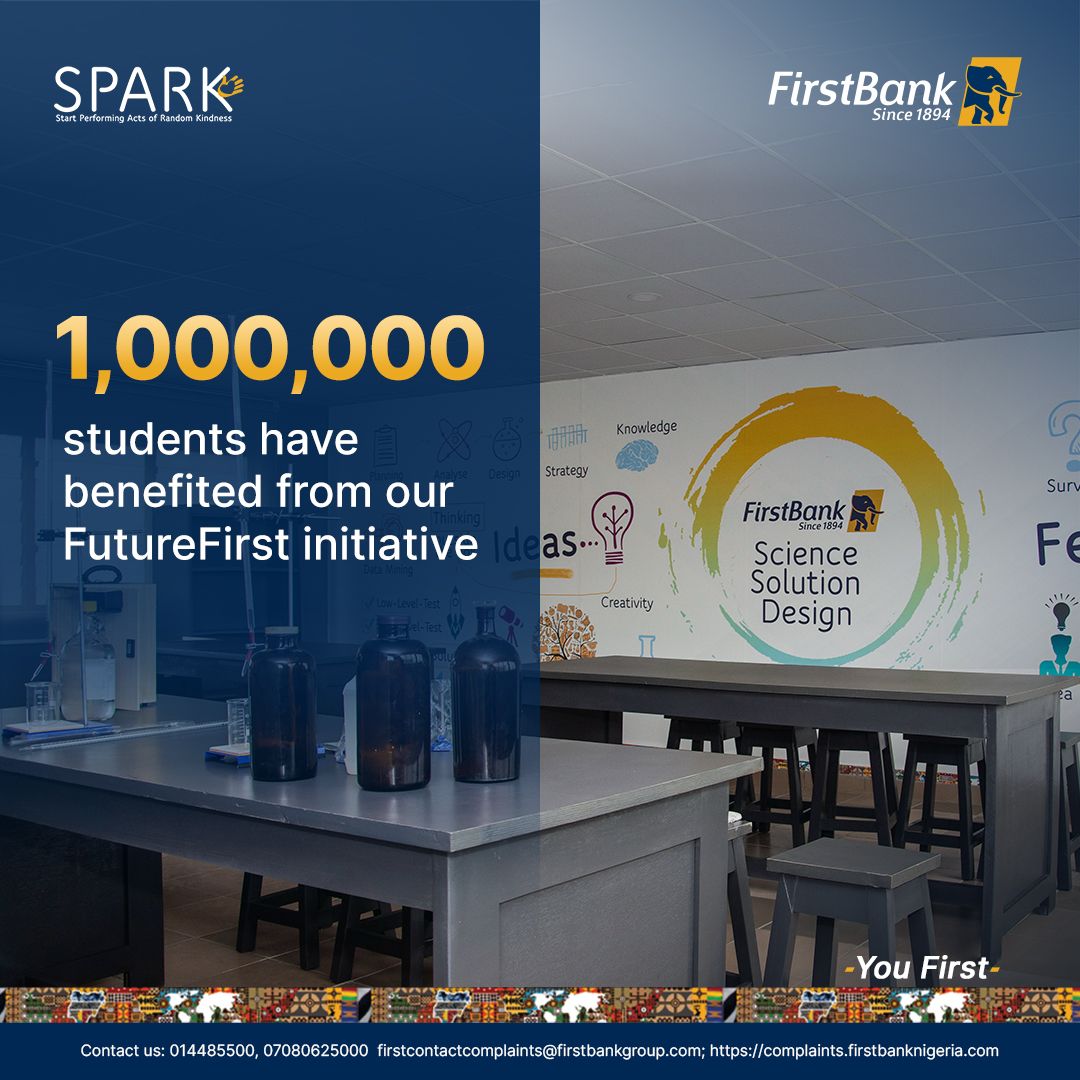 FirstBankngr's tweet image. At FirstBank, the future is our most present priority. Over 1,000,000 secondary school students have been impacted with career guidance, financial literacy, and entrepreneurship skills across different regions of the country.

Learn more: firstbanknigeria.com/home/impact/