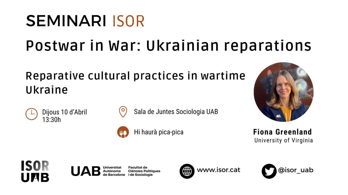 ISOR - Investigacions en Sociologia de la Religió (@isor_uab) on Twitter photo 📢 Seminari ISOR!
🔎 Postwar in War: Ukrainian reparations
👩💼 Fiona Greenland (University of Virginia)
📌 Dijous 10/04 - 13.30h - Sala de Juntes de <a href="/PolitiquesUAB/">Facultat de Ciències Polítiques i deSociologia UAB</a> <a href="/SociologiaUAB/">SociologiaUAB</a> 📢 Seminari ISOR!
🔎 Postwar in War: Ukrainian reparations
👩💼 Fiona Greenland (University of Virginia)
📌 Dijous 10/04 - 13.30h - Sala de Juntes de <a href="/PolitiquesUAB/">Facultat de Ciències Polítiques i deSociologia UAB</a> <a href="/SociologiaUAB/">SociologiaUAB</a>