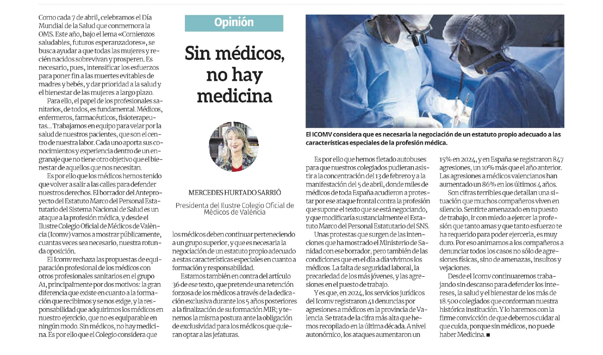 Colegio de Médicos de Valencia (@iicomv) on Twitter photo 👩⚕️ 𝟳 𝗱𝗲 𝗮𝗯𝗿𝗶𝗹 - 𝗗í𝗮 𝗠𝘂𝗻𝗱𝗶𝗮𝗹 𝗱𝗲 𝗹𝗮 𝗦𝗮𝗹𝘂𝗱
➡️ La presidenta del ICOMV, la <a href="/DraMHurtado/">Dra. Hurtado-sarrio</a>, reflexiona hoy en las páginas de <a href="/levante_emv/">Levante-EMV</a> sobre la situación de la profesión en estos momentos.
🗣️ "Los médicos hemos tenido que volver a salir a las calles para 👩⚕️ 𝟳 𝗱𝗲 𝗮𝗯𝗿𝗶𝗹 - 𝗗í𝗮 𝗠𝘂𝗻𝗱𝗶𝗮𝗹 𝗱𝗲 𝗹𝗮 𝗦𝗮𝗹𝘂𝗱
➡️ La presidenta del ICOMV, la <a href="/DraMHurtado/">Dra. Hurtado-sarrio</a>, reflexiona hoy en las páginas de <a href="/levante_emv/">Levante-EMV</a> sobre la situación de la profesión en estos momentos.
🗣️ "Los médicos hemos tenido que volver a salir a las calles para