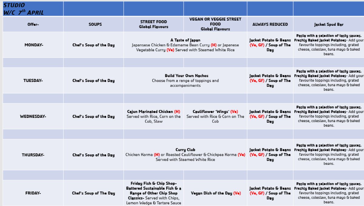 This week's Studio menu. Don't forget the Riverside at St Peters is shut for 3 weeks.