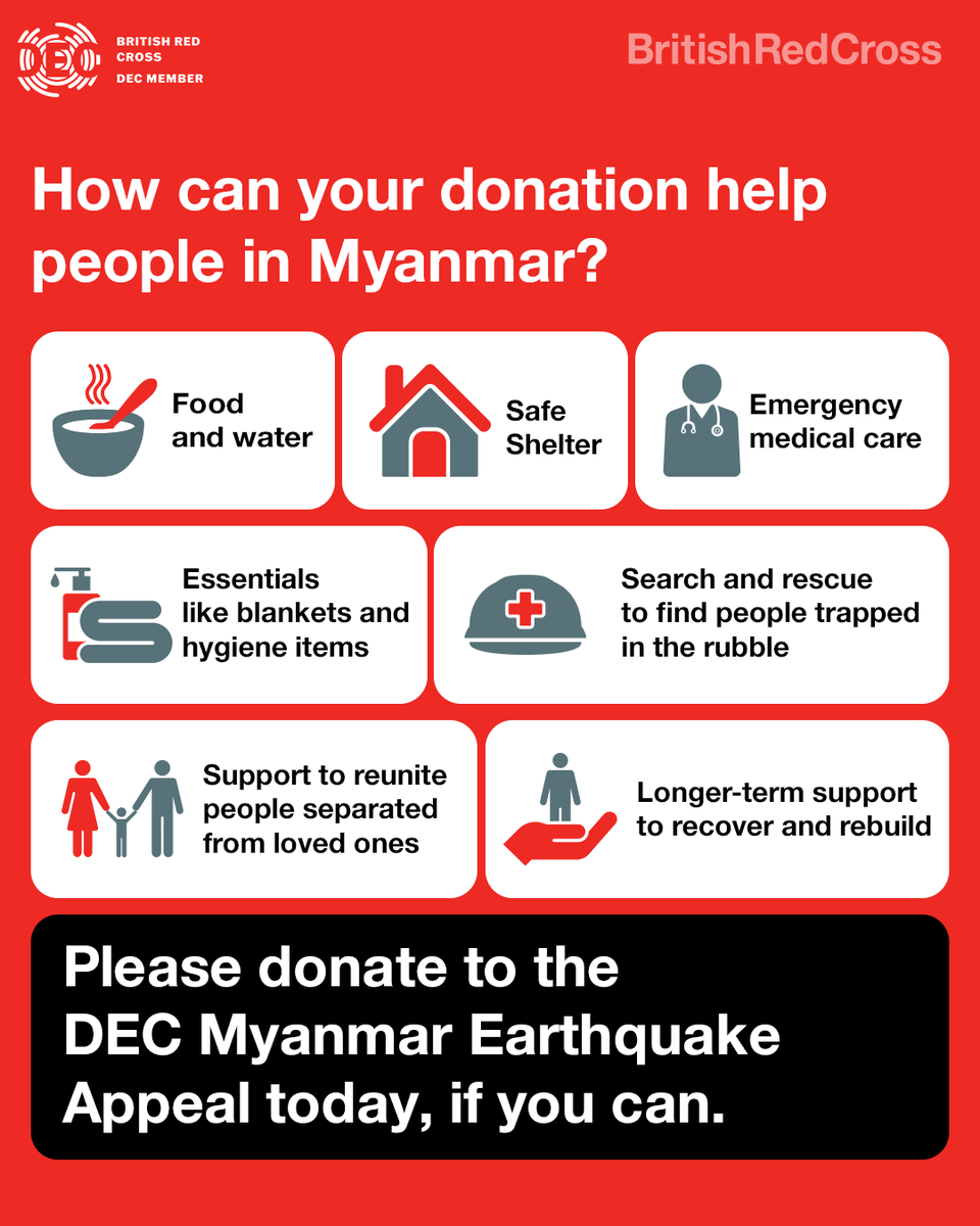 It has been over a week since the earthquake hit #Myanmar.

With temperatures reaching 40 degrees, and the monsoon season on the way, we’re at a tipping point – with a vital window of opportunity to respond to stop further suffering.

You can help: bit.ly/MyanmarEarthqu…