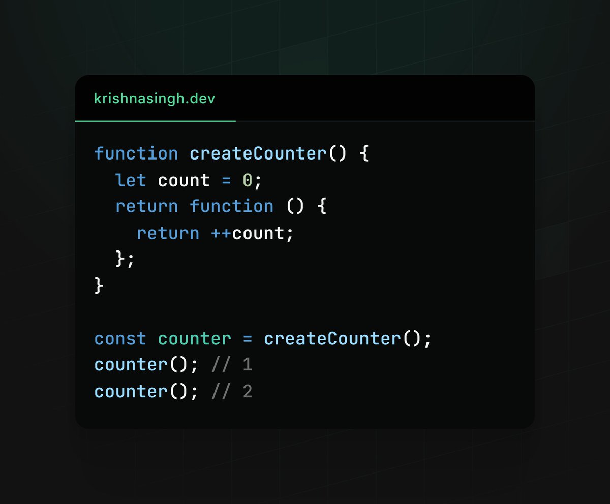krishnasinghdev's tweet image. I&apos;ve been asked a few times about #JavaScript closures lately. Here&apos;s my simplest explanation:

A closure is just a function that remembers the variables around it, even when that function runs elsewhere.

The inner function &apos;closes over&apos; and remembers the count. That&apos;s it!…