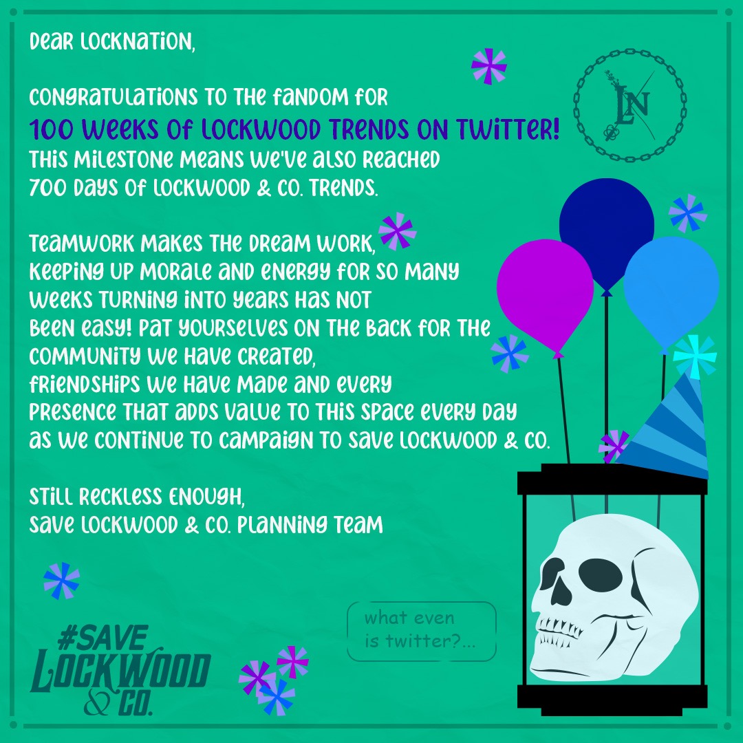 Congrats to everyone!! This is an incredible achievement! Here's to 100 more!! ☕️🍪

graphic by <a href="/wolfjawswriter/">Wolfjustdraws</a> 

#SaveLockwoodandCo
#100WeeksOfLockwoodTrends