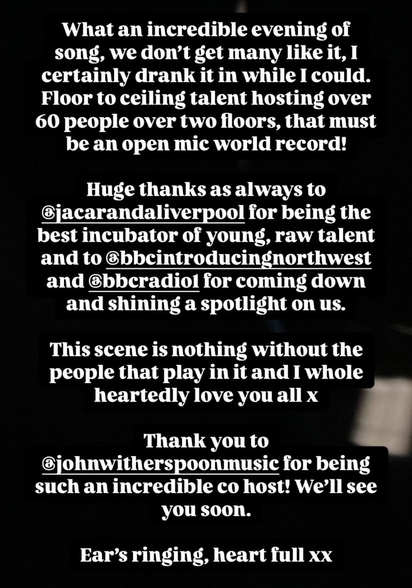 Ali Horn (@alialihorn) on Twitter photo So much love for the world after last nights open mic night. What an incredible evening. Thanks to all for coming x
<a href="/Dave_Monks/">Dave Monks</a>
<a href="/bbcmerseyside/">BBC Merseyside</a>
<a href="/BBCRadio1/">BBC Radio 1</a> So much love for the world after last nights open mic night. What an incredible evening. Thanks to all for coming x
<a href="/Dave_Monks/">Dave Monks</a>
<a href="/bbcmerseyside/">BBC Merseyside</a>
<a href="/BBCRadio1/">BBC Radio 1</a>