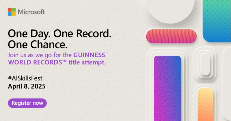 The countdown is on! Register now! msft.it/6049qsfN7

In just a day, we attempt to set a GUINNESS WORLD RECORDS™ title attempt
for the most users taking an online multi-level #AI lesson in 24 hours. Don’t miss your chance to be part of history.

#AISkillsFest