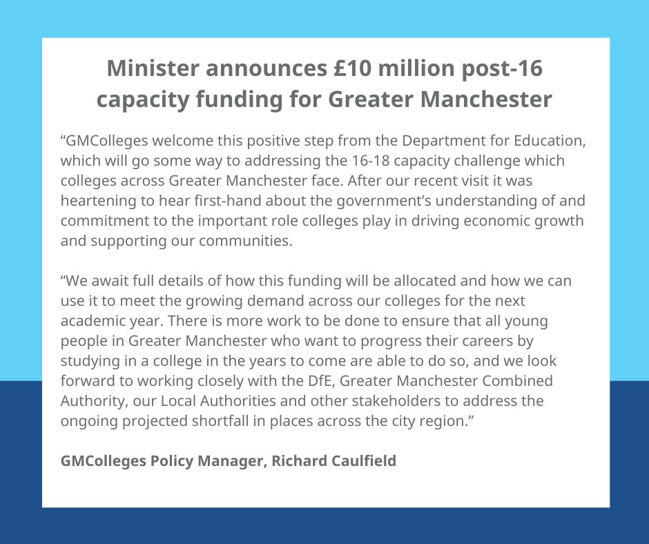 Skills Minister Baroness Smith of Malvern has announced £10 million of funding earmarked to support post-16 provision in #FE Colleges across #GreaterManchester

The announcement follows a visit the GMColleges’ principals had with the Skills Minister in Westminster.