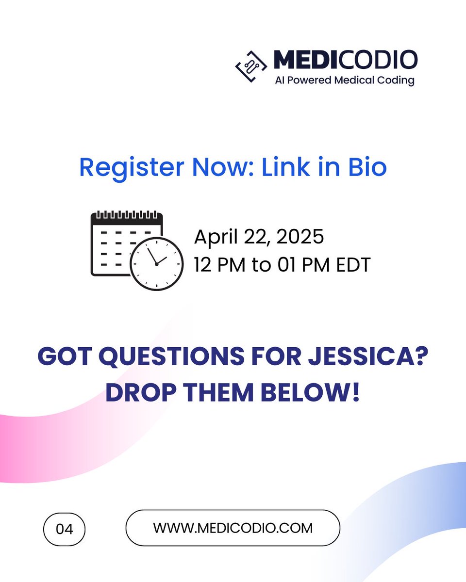 medicodio's tweet image. 📢 Join Jessica Miller from MediCodio as she shares how AI is transforming medical coding & RCM!
🗓️ Apr 22, 2025 | ⏰ 12–1 PM EDT
🔗 Register now: bit.ly/3E1SxgR
#webinar #medicalcoding #aimedicalcoding #medicodio #reduceerrors