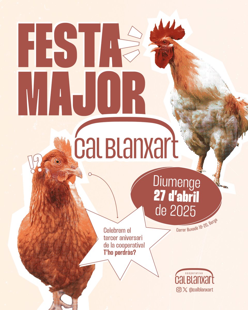 Cal Blanxart Coop (@calblanxart) on Twitter photo NOVA DATA A L'AGENDA 🖍
📆 Diumenge, 27 d'abril
FESTA MAJOR DE CAL BLANXART 🎉
🎂 Celebrem el tercer aniversari de la cooperativa amb un bon dinar popular i concert de tarda 🎶
Estigueu atents a <a href="/CalBlanxart/">Cal Blanxart Coop</a> per més detalls! NOVA DATA A L'AGENDA 🖍
📆 Diumenge, 27 d'abril
FESTA MAJOR DE CAL BLANXART 🎉
🎂 Celebrem el tercer aniversari de la cooperativa amb un bon dinar popular i concert de tarda 🎶
Estigueu atents a <a href="/CalBlanxart/">Cal Blanxart Coop</a> per més detalls!