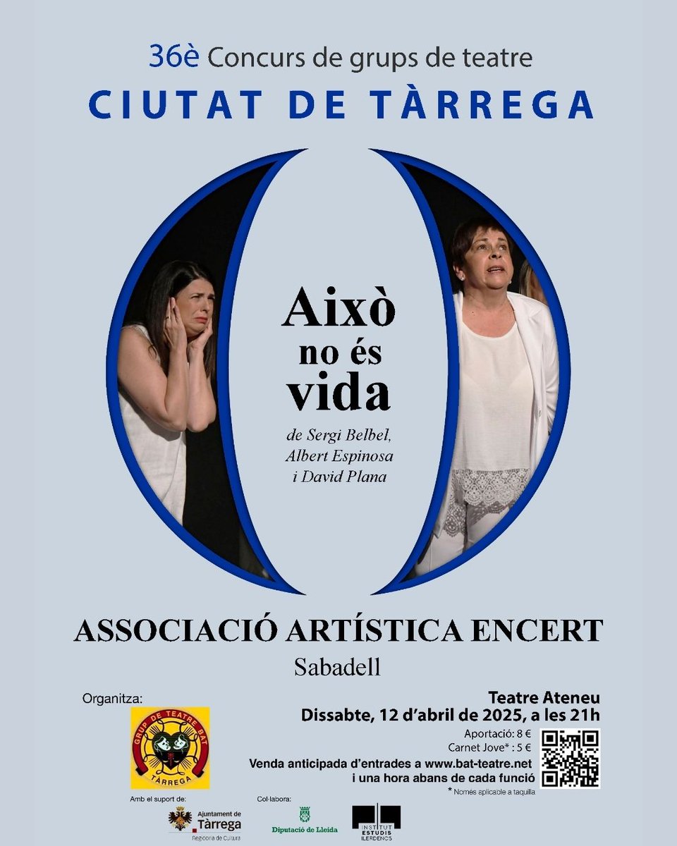 Cultura Tàrrega (@culturatarrega) on Twitter photo 🎭 Això no és vida — Comèdia amb l'Associació Artística Encert (Sabadell)
🗓️ 12 d’abril | 🕘 21 h
📍 Teatre Ateneu
🎟️ 8 € (Carnet Jove: 5 €)
👉 bat-teatre.net
Dones, desitjos i efectes especials! 💥
<a href="/ConcursBAT/">Concurs Teatre BAT</a> <a href="/ajtarrega/">Ajuntament de Tàrrega</a> <a href="/tatarrega/">Teatre Ateneu Tàrrega</a> 🎭 Això no és vida — Comèdia amb l'Associació Artística Encert (Sabadell)
🗓️ 12 d’abril | 🕘 21 h
📍 Teatre Ateneu
🎟️ 8 € (Carnet Jove: 5 €)
👉 bat-teatre.net
Dones, desitjos i efectes especials! 💥
<a href="/ConcursBAT/">Concurs Teatre BAT</a> <a href="/ajtarrega/">Ajuntament de Tàrrega</a> <a href="/tatarrega/">Teatre Ateneu Tàrrega</a>