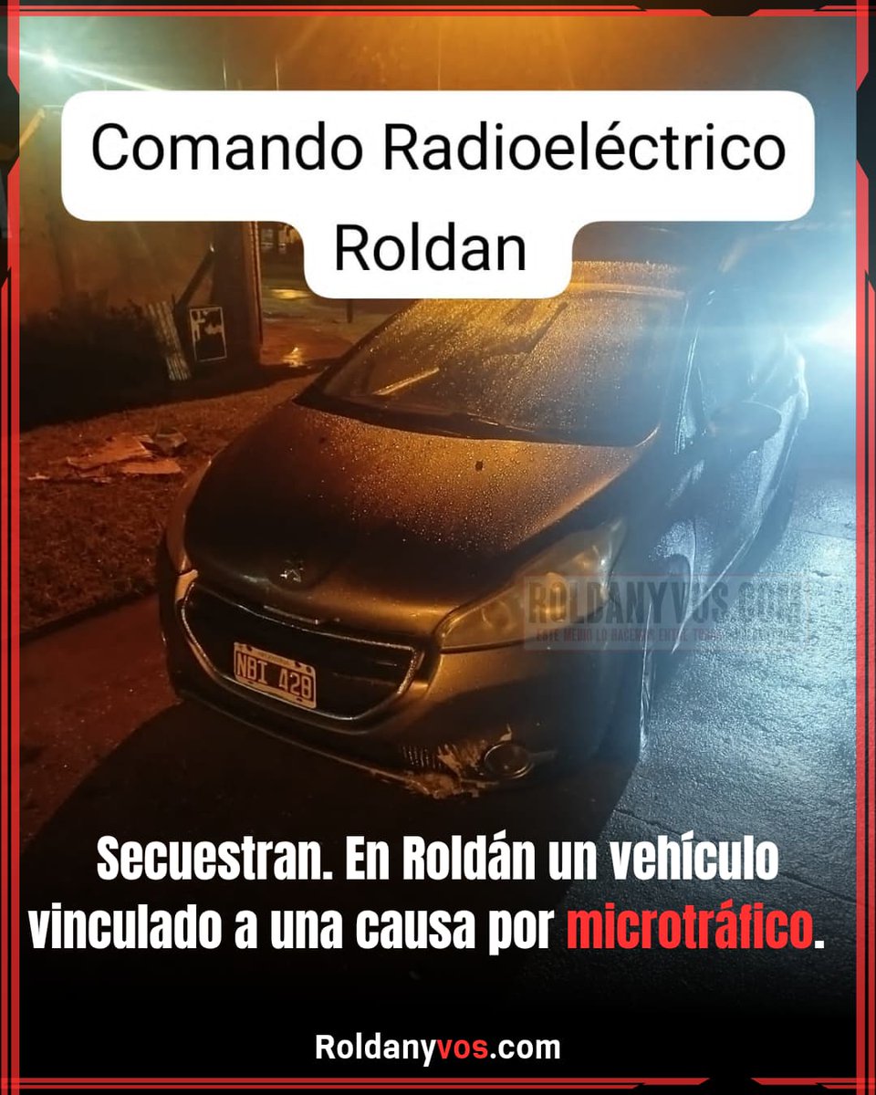 Domingo agitado en #Roldán: la policía secuestró un Peugeot 208 gris vinculado a una causa por microtráfico. Fue hallado sin ocupantes en Gálvez y Paraguay. Interviene la fiscalía de Cabrera y trabaja la PDI en la investigación. <a href="/emergenciasAR/">red de emergencias</a> <a href="/leodelga2/">Alberto Leonardo Delgado</a> <a href="/RosarioAlerta/">Rosario Alerta</a>