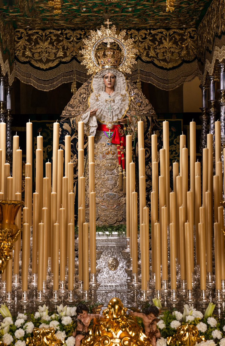 🪡 La Virgen de la Esperanza ya espera a Málaga reinando sobre su trono.

📿 Porta la corona de coronación de oro de ley, esmaltes y rubíes de 1988 de Félix Granda. Saya y toca bordadas en oro sobre tisú de plata y malla de Elena Caro de 1969.

📸 <a href="/pasoyesperanza/">Esperanza de Málaga</a> | #CofradíasMLG
