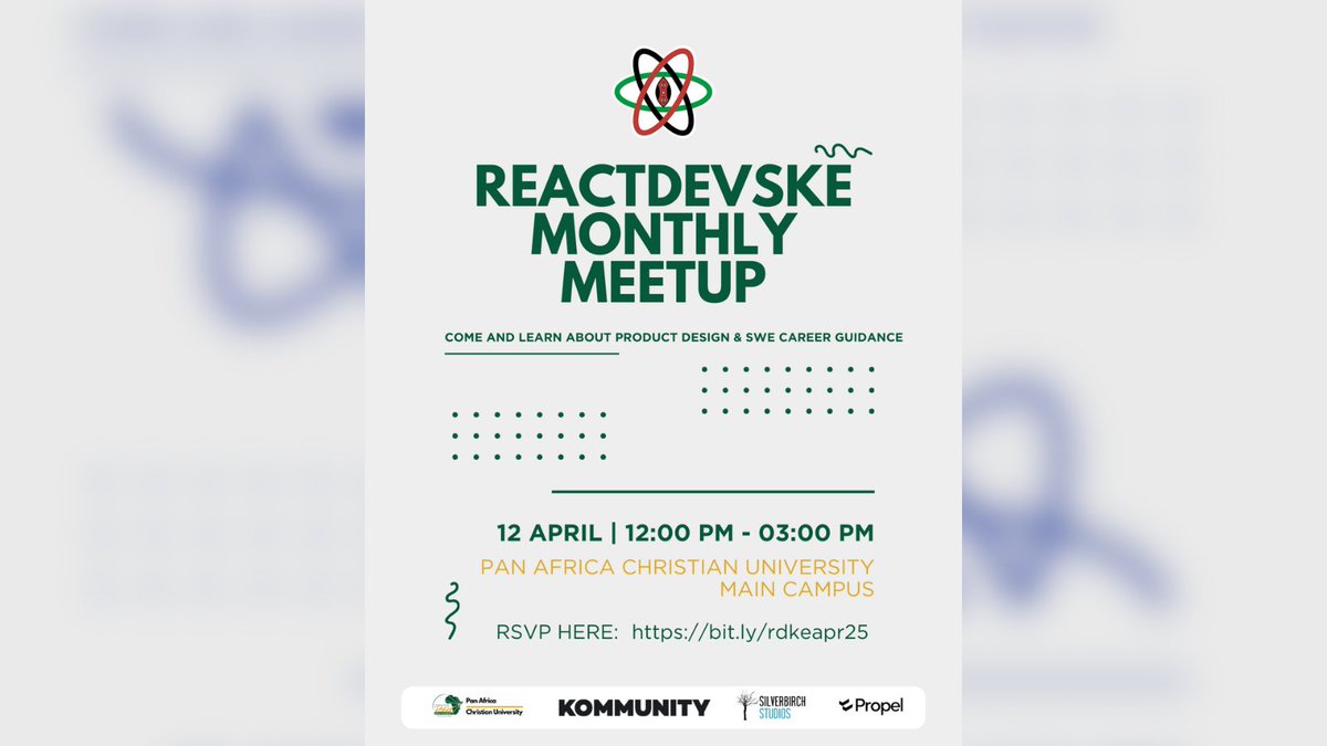 reactdevske's tweet image. Join us this Saturday for our community meetup
@PACUniversityKE
The insightful sessions for the day include design thinking for SWEs and navigating the SWE career in the age of AI.  
RSVP on the post below. See you there!  
#reactdevske #reactjskenya #reactjske