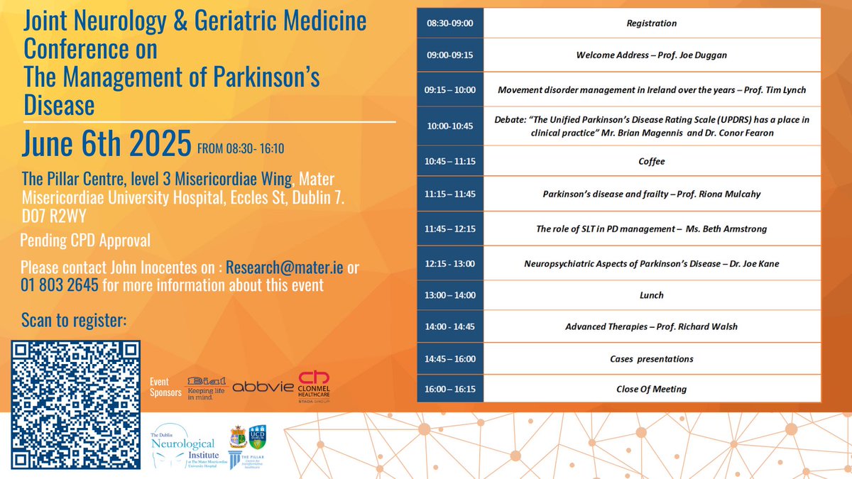 The Dublin Neurological Institute (@dni_neurology) on Twitter photo Join us for the Joint Neurology & Geriatric Medicine Conference on the Management of Parkinson’s Disease on June 6, 2025.
For more information, contact John Inocentes at Research@mater.ie . Registration is available through the attached flyer or at lnkd.in/er4KahD6 Join us for the Joint Neurology & Geriatric Medicine Conference on the Management of Parkinson’s Disease on June 6, 2025.
For more information, contact John Inocentes at Research@mater.ie . Registration is available through the attached flyer or at lnkd.in/er4KahD6