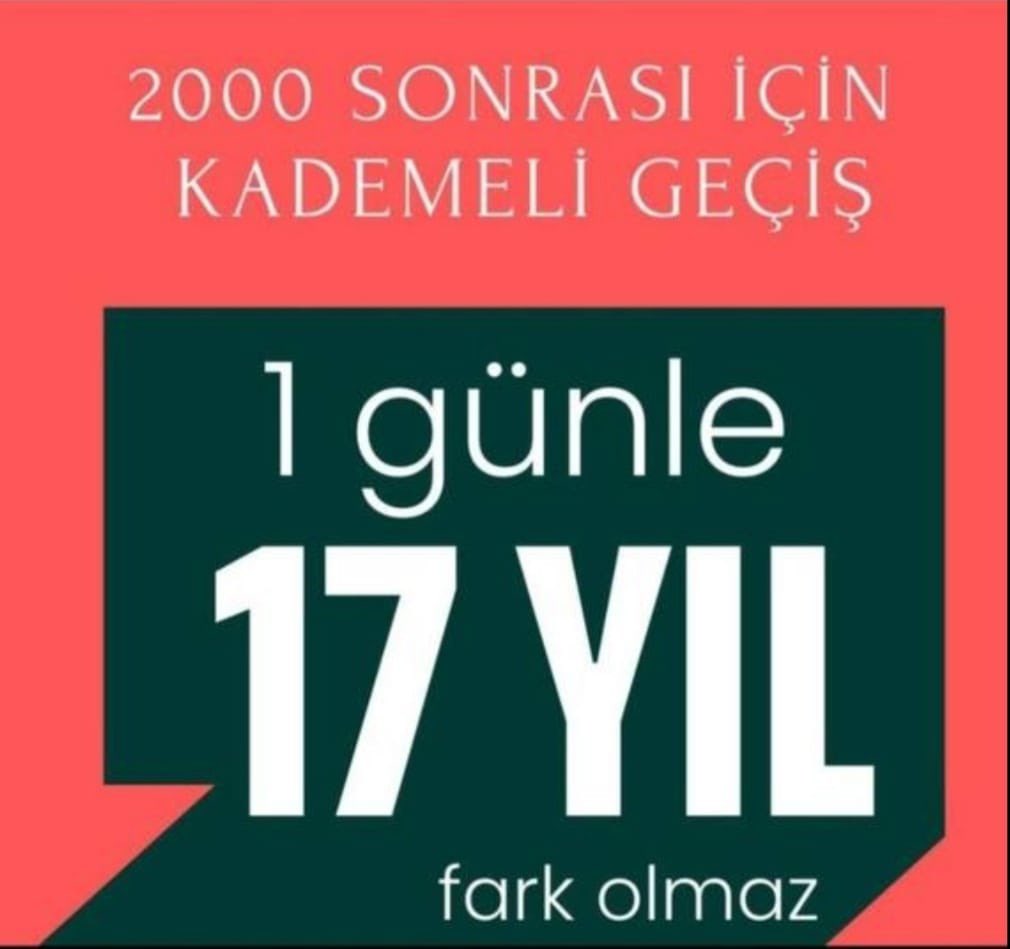 Türkiye yüzyılında çalışanlar arasında yüzyılın adaletsizliği yapıldı. 8.9.99 da işe giren emekli edilirken 9.9.99 da işe giren 17 yıl sonra emekli edilecek hakkaniyetli adil eşitlik ilkesine uygun kademeli geçiş şart hale gelmiştir
<a href="/EmadDernegi/">EMEKLİLİKTE ADALET DERNEĞİ ⚖️</a> 
#KademeyiAcilYasalaştırın