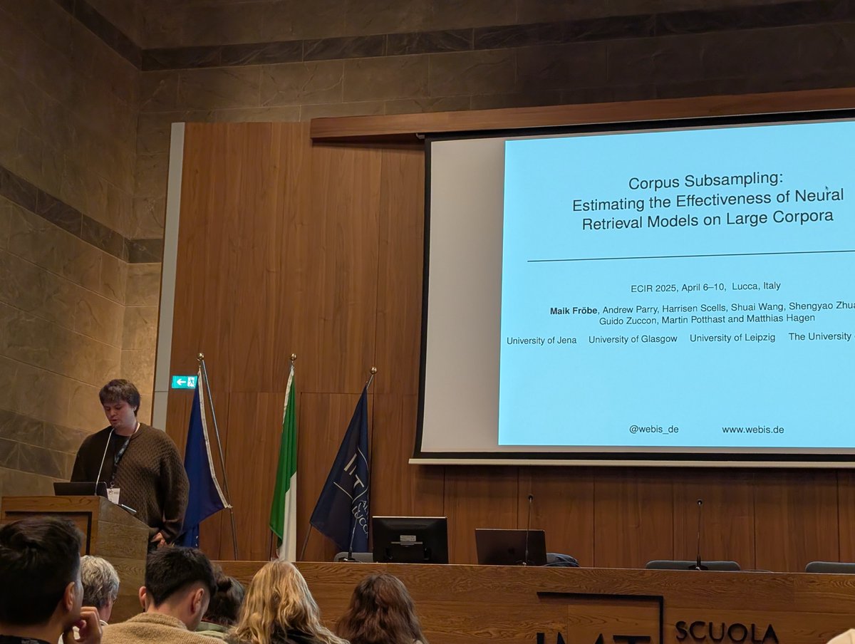 Ferdinand Schlatt (@fschlatt1) on Twitter photo Next up at #ECIR2025, <a href="/maik_froebe/">Maik Fröbe</a> presenting his fantastic work on corpus sub sampling and how to more efficiently evaluate retrieval systems Next up at #ECIR2025, <a href="/maik_froebe/">Maik Fröbe</a> presenting his fantastic work on corpus sub sampling and how to more efficiently evaluate retrieval systems