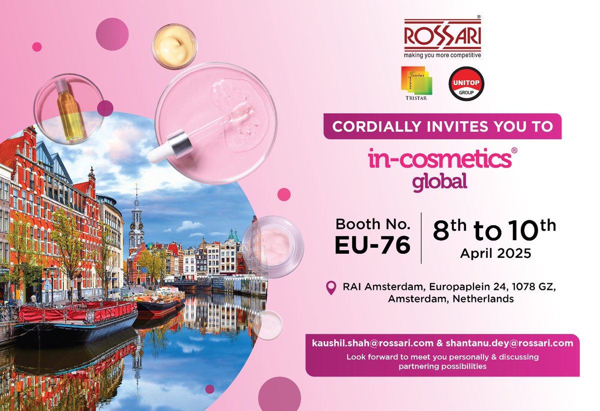 RossariB's tweet image. We will be at #InCosmeticsGlobal 2025 starting TOMORROW. As one of India’s largest specialty chemicals manufacturers, we’re excited to showcase our solutions that enhance product performance while promoting sustainability.

#inCosmetics #Sustainability #India #Netherlands