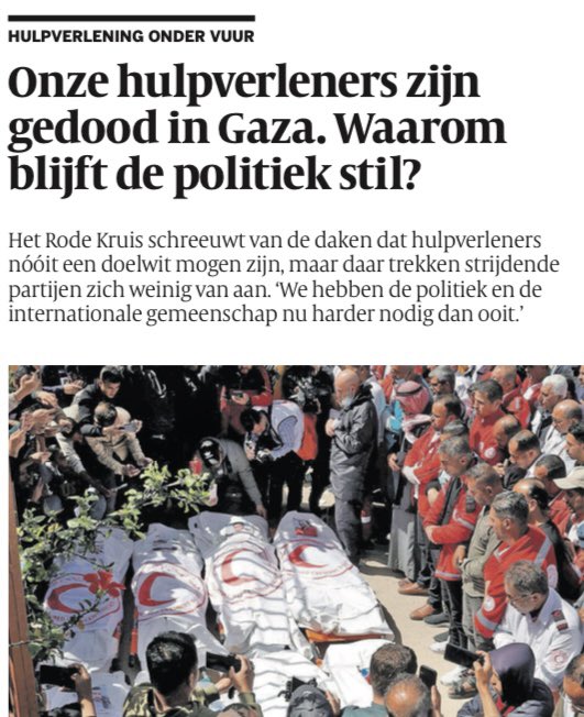 Hulpverleners werden een voor een gedood, begraven naast hun ambulances. Afschuwelijk. Een rood kruis of Rode Halve Maan mag geen schietschijf zijn.

Een krachtige oproep van de directeur van het <a href="/RodeKruis/">Rode Kruis</a> in de Volkskrant vandaag. Onze regering mag niet stil blijven! 1/2