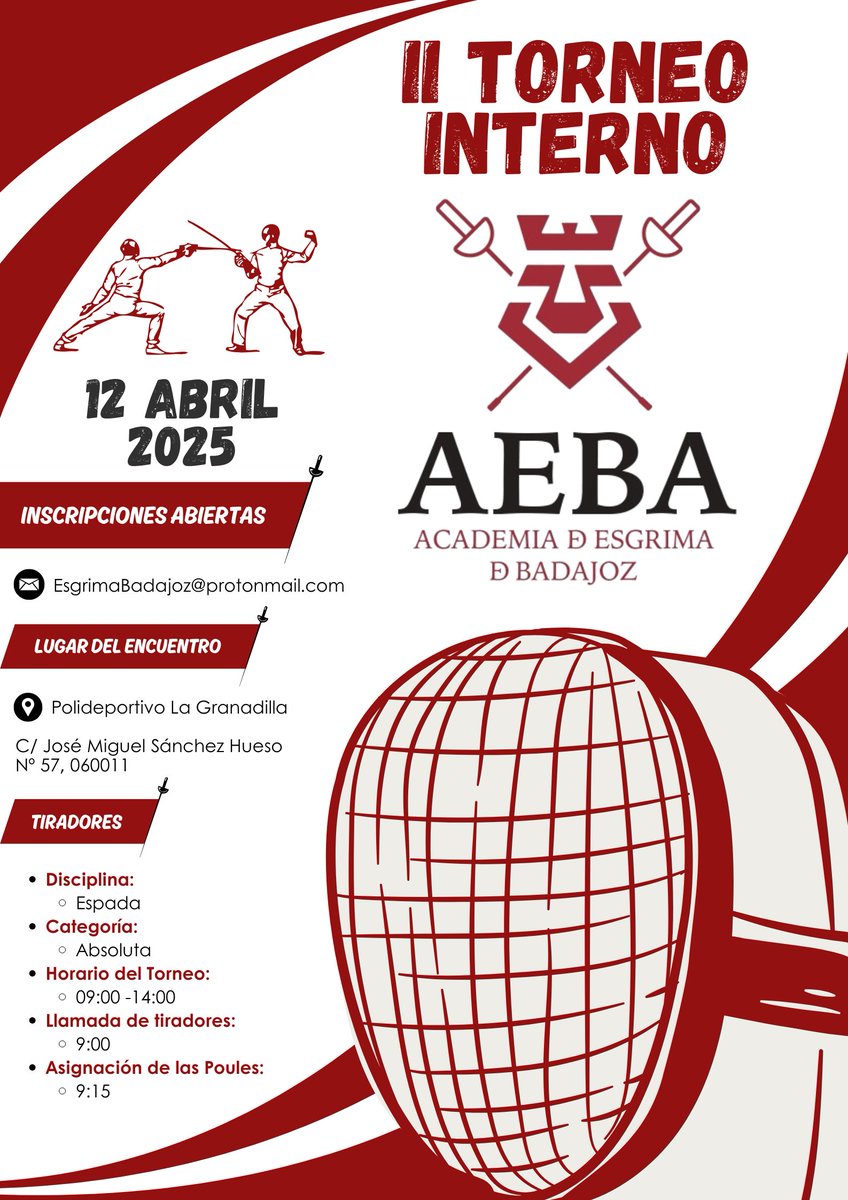EsgrimaBadajoz's tweet photo. ¡Saludos tiradores!
Este sábado 12 de abril, la AEBA organiza su segundo torneo interno. Si no tienes plan, anímate y pásate a vernos en el Polideportivo "La Granadilla" de #Badajoz.
¡Nos vemos en las pistas!

#Fencing #Esgrima #Extremadura https://t.co/BmOob7fWpk