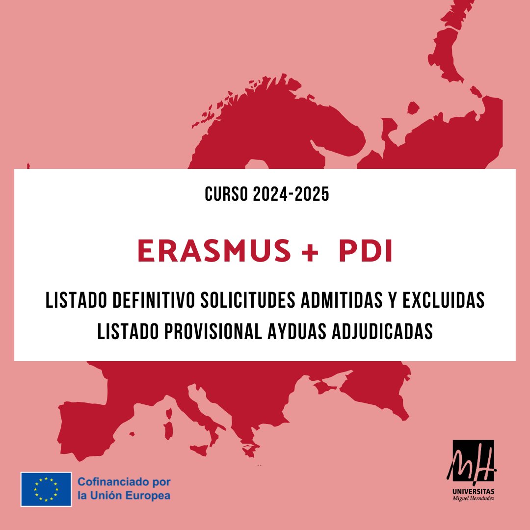 🔴Publicado el listado definitivo de solicitudes admitidas y excluidas y el listado provisional de ayudas adjudicadas de la 2ª convocatoria del Erasmus+ para PDI 2024/2025

❗El plazo para formular alegaciones es del 7 al 22 de abril

Toda la información👇
internacional.umh.es/movilidad/pdi/…