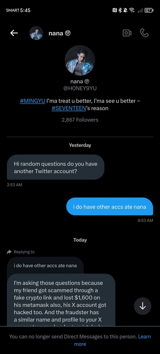 clvuie's tweet photo. hi po! i'm posting this for awareness ‼️

please do not respond to someone dm-ing u about your account being "mass reported by accident" they are doing this to scam and access your account po!

for those po na moots si @H0NEY9YU please be careful po, i don't think it's ate nana:( https://t.co/kg1D7fUy43