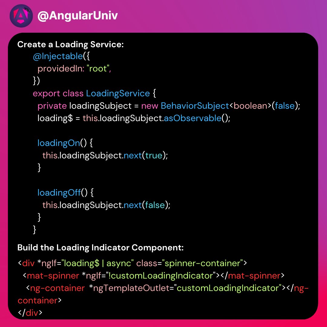 AngularUniv's tweet image. 🚀 Want to create a global loading indicator in Angular? Here's a quick guide:
🔹 Build a LoadingService to control the spinner globally
🔹 Use an HTTP interceptor to auto-toggle the spinner for backend requests
🔹 Integrate with the router for seamless route transition…