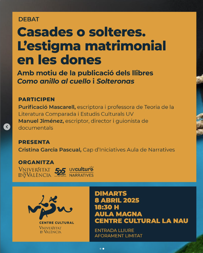 SolteronasD's tweet photo. ¡Volvemos a Valencia!
MAÑANA martes 8
18.30 hs.
En @LaNauuv  
Cristina Garcia Pascual, @PuriMascarell   y @MJ_Nunez  charlando sobre solteras, casadas, literatura, cine... 😍
Planazo 😊
#ComoAnilloAlCuello #EditorialAriel #Solteronas #EditorialEspasa #CCLaNau #narrativesuv https://t.co/YzmntVJonk