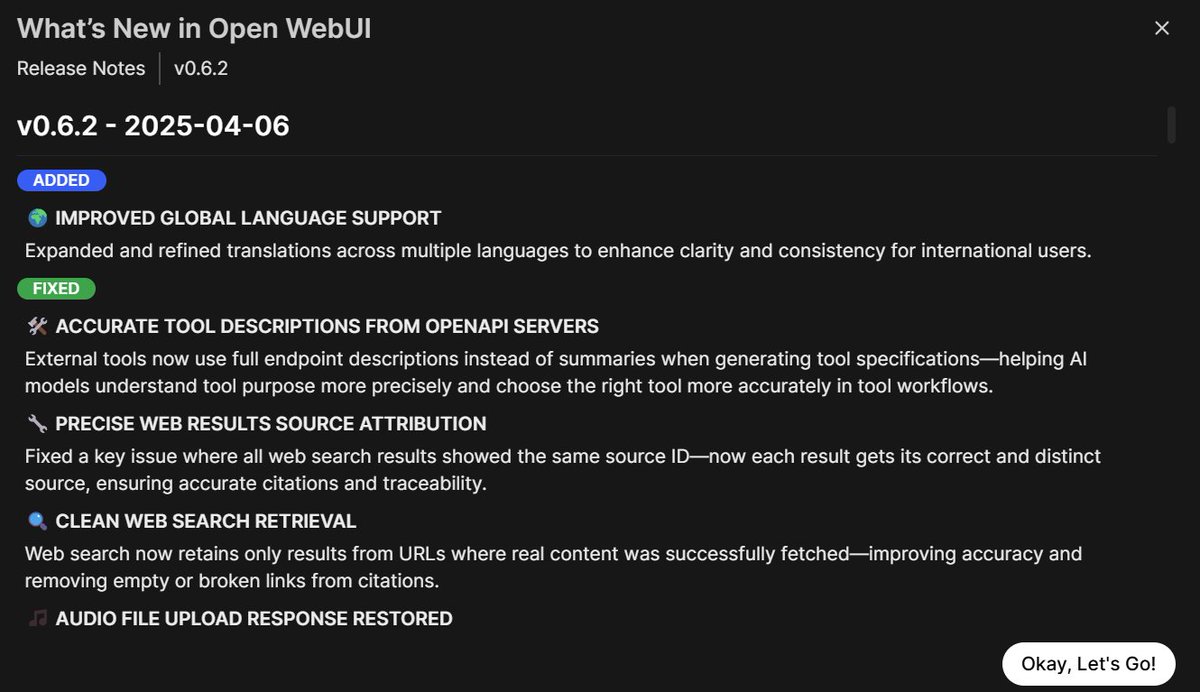 afyonluoglu's tweet image. #OpenWebUI 0.6.2 yayımlandı

#YapayZeka