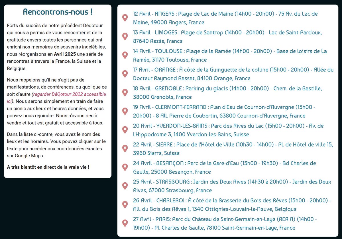 Nous venons de fixer toutes les dates et les lieux de rencontres. Tout est accessible sur la page d'accueil de notre site adnm.live (liens cliquables vers Google Maps).

Nous espérons vous rencontrer du bon côté des écrans. À très bientôt 😊