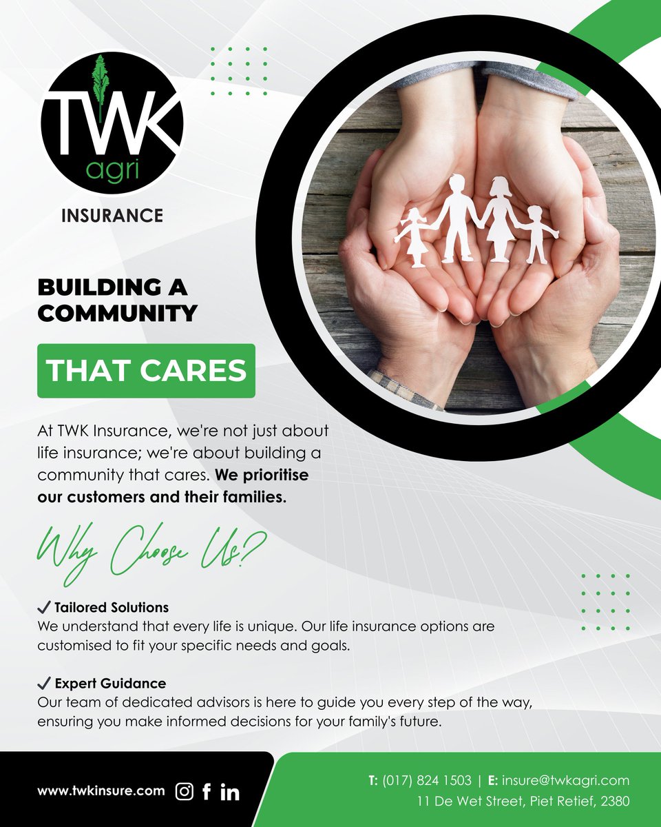 At TWK Insurance, it's not just about life cover—it’s about protecting what matters most: your family. 

📍 11 De Wet Street, Piet Retief
📞 (017) 824 1503
📧 insure@twkagri.com
🌐 twkinsure.com

#FamilyFirst #CommunityCare #LifeInsurance #SecureYourFuture #WeCare