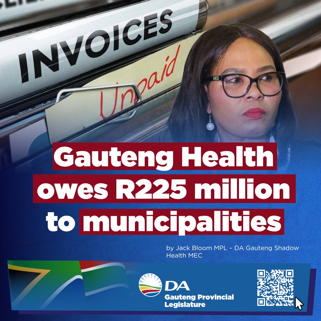 Gauteng Health Owes R225 Million to Municipalities!
Hospitals across Gauteng are racking up unpaid bills for basic services like water, electricity and waste removal — threatening healthcare and service delivery.
 #DA_GPL #Health <a href="/JackBloomDA/">Jack Bloom</a>

Read more: ow.ly/obHJ50Vvtj6