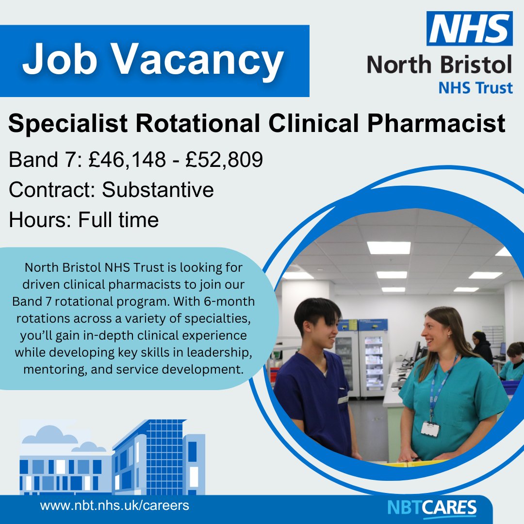 🚨 Band 6/7 Clinical Pharmacists! 🚨

Level up your career at North Bristol NHS Trust with our Band 7 rotational program 🌟

🔄 6-month rotations (ICU, HIV, NHS@Home + more)
💼 Build leadership &amp; service development skills
👉 Apply now: ow.ly/HKMp50Vvus2

#PharmacyJobs #NHS