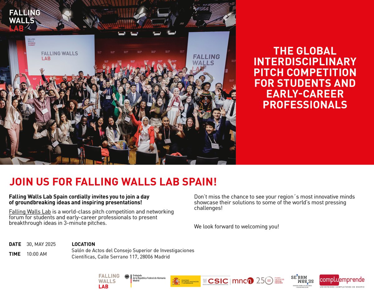 Falling Walls Lab Spain vuelve en el 2025

¿Puedes contar tu idea innovadora en menos de tres minutos?

Inscríbete:
mncn.csic.es/es/visita-el-m…

Fecha límite: 14 de abril