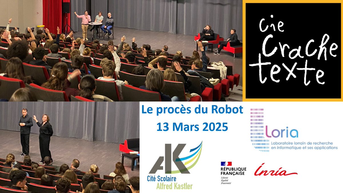 Florence Deneuve (@flodeneuveian) on Twitter photo Les classes de 2ndes GT, 1ères & Term gnales de <a href="/CiteKastler/">Cité scolaire Alfred Kastler STENAY</a> ont pu assister au #ProcèsDuRobot
🙏 <a href="/Inria_Nancy/">Centre Inria de l'Université de Lorraine</a> <a href="/labo_Loria/">Loria</a> <a href="/CracheTexte/">Crache-Texte</a>
👏 Médiation scientifique : talent des comédiens & expertise de professionnels @Rserizel
#STIM #ToutesEtTousEgaux #métiers #IA Les classes de 2ndes GT, 1ères & Term gnales de <a href="/CiteKastler/">Cité scolaire Alfred Kastler STENAY</a> ont pu assister au #ProcèsDuRobot
🙏 <a href="/Inria_Nancy/">Centre Inria de l'Université de Lorraine</a> <a href="/labo_Loria/">Loria</a> <a href="/CracheTexte/">Crache-Texte</a>
👏 Médiation scientifique : talent des comédiens & expertise de professionnels @Rserizel
#STIM #ToutesEtTousEgaux #métiers #IA