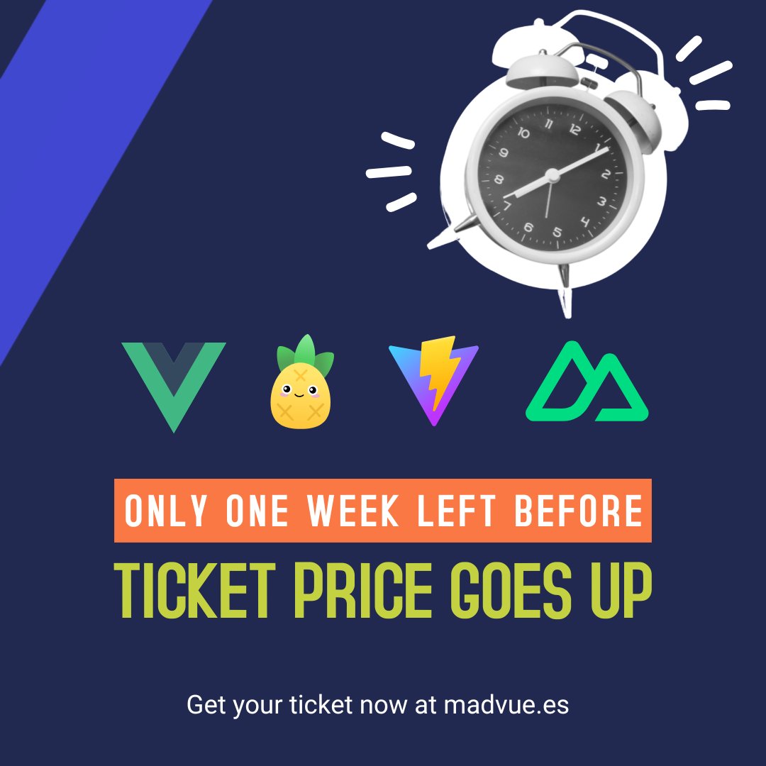 🚨 Hurry up!
Only ONE WEEK left before ticket price goes up! 🔥

Get your ticket now! 🎟️ madvue.es 

#MadVue #VueJS #vue #programación #developers #Madrid #vuemadrid