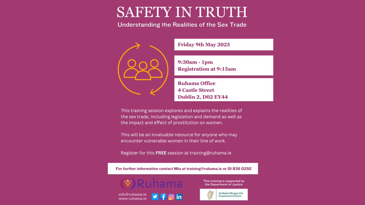 RuhamaAgency's tweet image. Safety In Truth is a FREE Training Session offered by Ruhama

This is a great session that explores and explains the realities of the sex trade

To register for this FREE session, email Mia at training@ruhama.ie

#SafetyInTruth #SexTraffickingAwareness #CommunityTraining