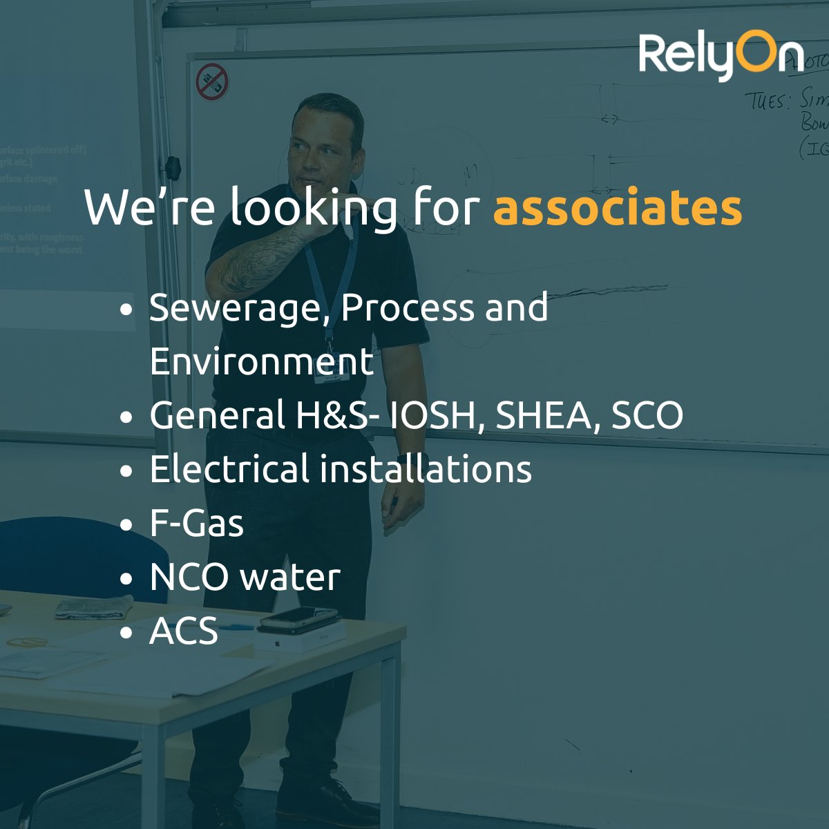 We're hiring associates!

Sewerage, Process and Environment
General H&amp;S – IOSH, SHEA, SCO courses
Electrical installations
F-Gas
NCO water
ACS

If so we want to hear from you! Simply reach out to dtl.sales@relyon.com
