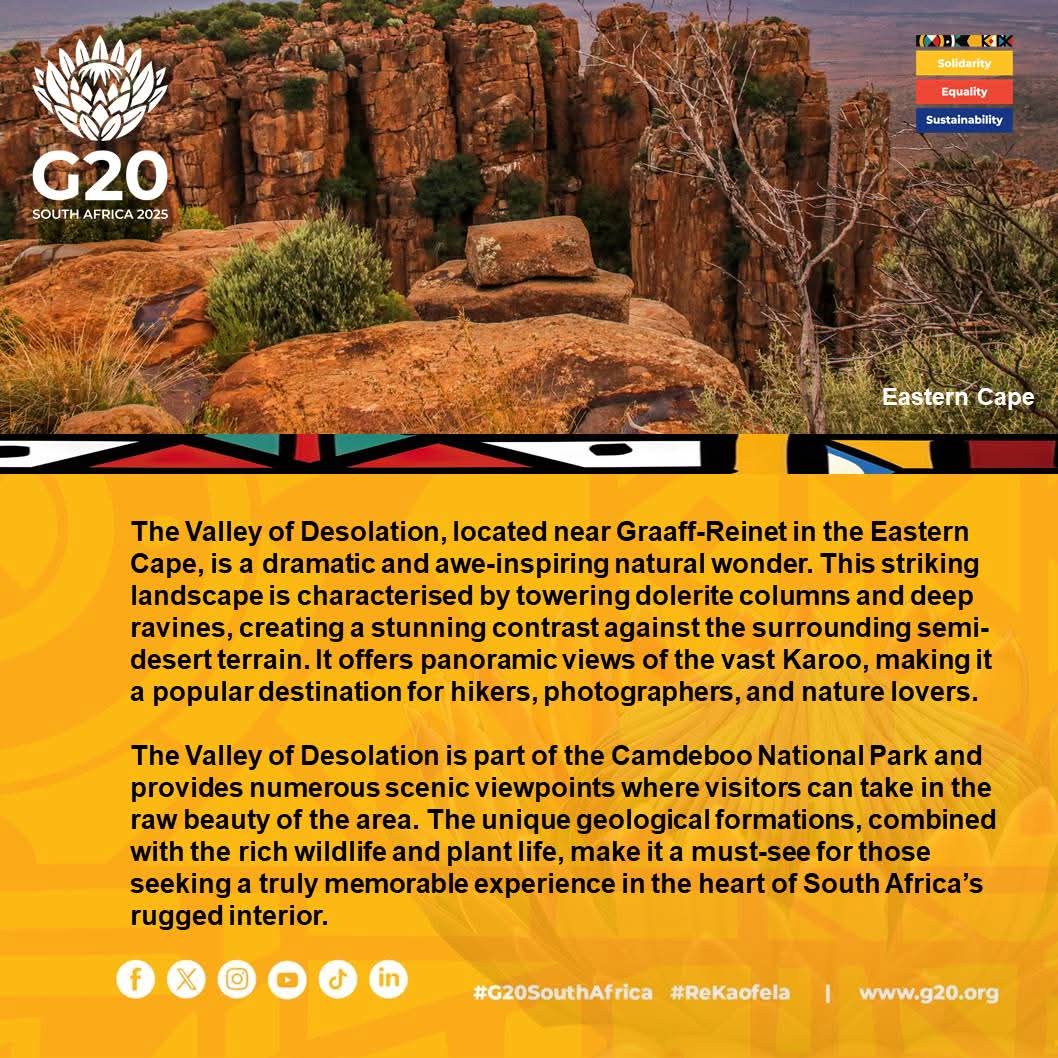 DIRCO_ZA's tweet photo. #VisitEC | Discover the breath-taking beauty of the Valley of Desolation, a stunning natural wonder near Graaff-Reinet in the Eastern Cape. With its dramatic cliffs and panoramic views, it’s a must-visit for nature lovers and adventure seekers alike.
#ExperienceEasternCape https://t.co/1mw8vtlmR9