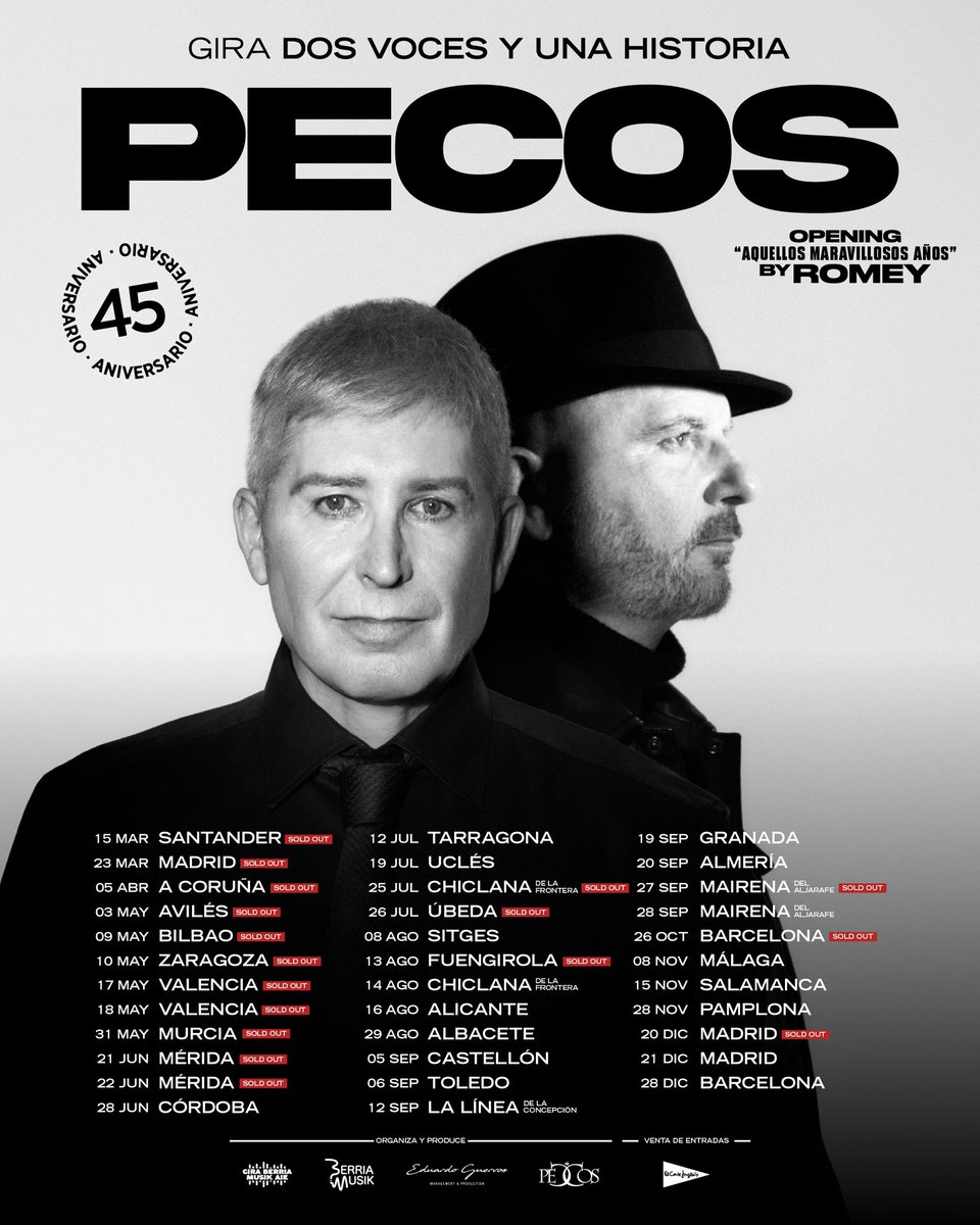 Pecos y su gira #dosvocesyunahistoria siguen recorriendo ciudades!!✨✨✨ celebramos los números 1 que marcaron toda una generación 👏🏻👏🏻🤞🏻🤞🏻

🎫info y entradas disponibles en la web
#regresopecos #45aniversariopecos