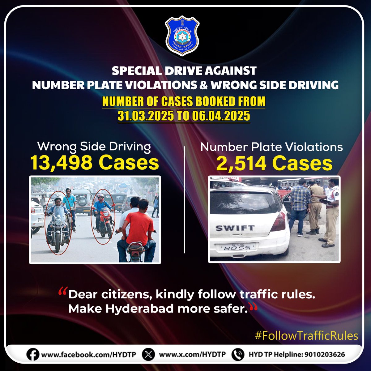 #HYDTPinfo
⚠️WRONG-SIDE DRIVING ALERT!
Let's EDUCATE, ENFORCE and make our roads safer.
#WrongSideDriving #RoadSafety
#️⃣CLEAR NUMBER PLATE, CLEAR CONSCIENCE!
Don't hide your number plate. 
#Staysafe #RoadSafetyAwareness