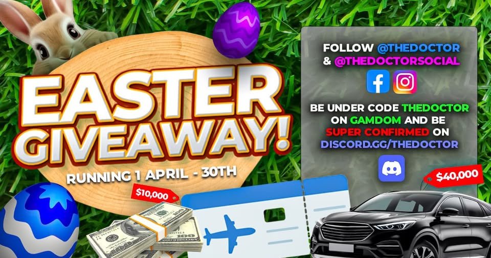 TheDoctor (checkpinned) (@thedoctorgamble) on Twitter photo ๐ธ๐ฐ Easter Giveaway ๐ฐ๐ธ
Running April 1st โ 30th
Hop to it!
๐ Up for grabs:
๐ฅ 1st Prize โ Car valued at $40,000 AUD
๐ฅ 2nd Prize โ Holiday valued at $10,000 AUD
๐ฅ 3rd Prize โ $7,500 Cash
๐
4th Prize โ $5,000 Cash
๐
5th Prize โ $2,500 Cash
Check out the Facebook post for ๐ธ๐ฐ Easter Giveaway ๐ฐ๐ธ
Running April 1st โ 30th
Hop to it!
๐ Up for grabs:
๐ฅ 1st Prize โ Car valued at $40,000 AUD
๐ฅ 2nd Prize โ Holiday valued at $10,000 AUD
๐ฅ 3rd Prize โ $7,500 Cash
๐
4th Prize โ $5,000 Cash
๐
5th Prize โ $2,500 Cash
Check out the Facebook post for