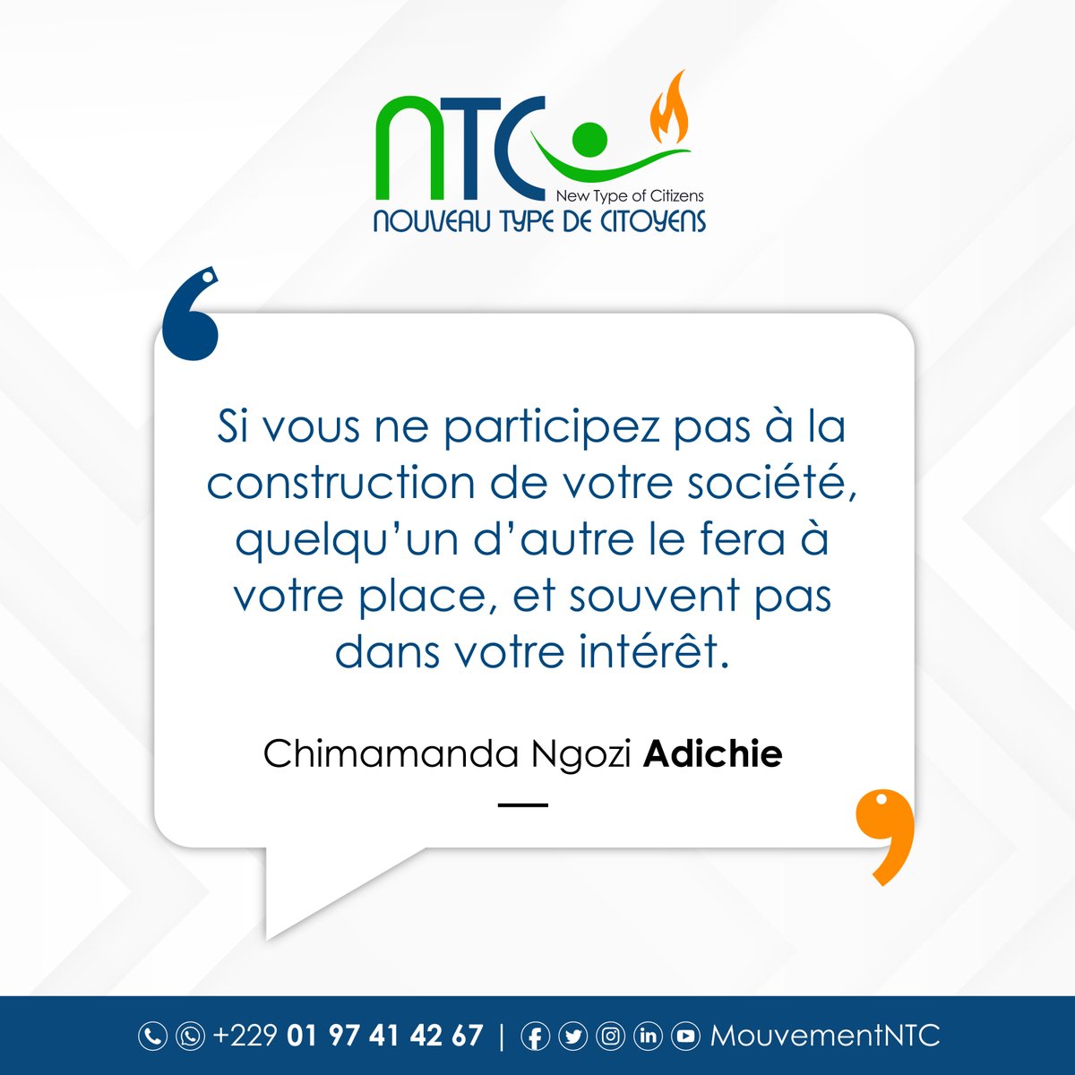 MouvementNTC's tweet photo. Si nous restons spectateurs, d'autres décideront à notre place. Certains le feront pour notre bien. D'autres pourraient ne pas avoir nos intérêts en priorité. 

NTC : LE DÉVELOPPEMENT COMMENCE PAR MOI, LE CITOYEN ! https://t.co/aWnK9fyh5E